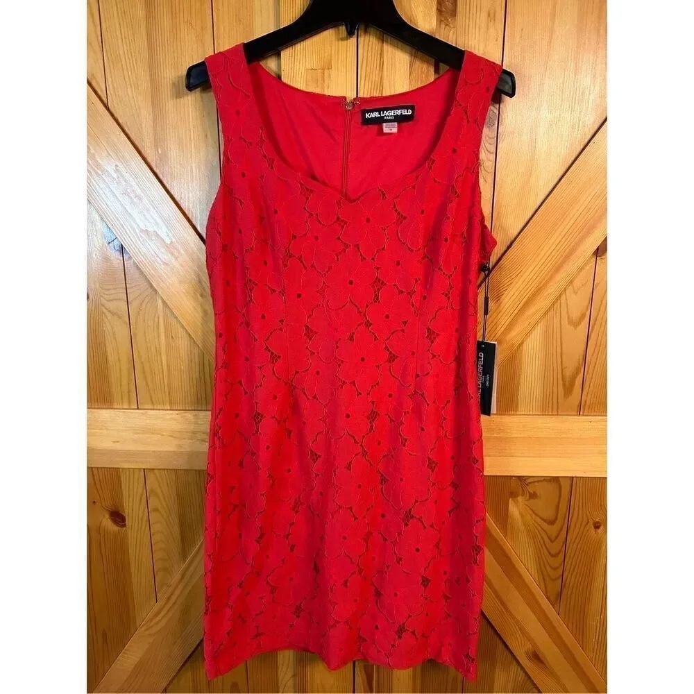 Karl Lagerfeld Floral Lace Dress Size 10 Red Sheath nwt (4621)